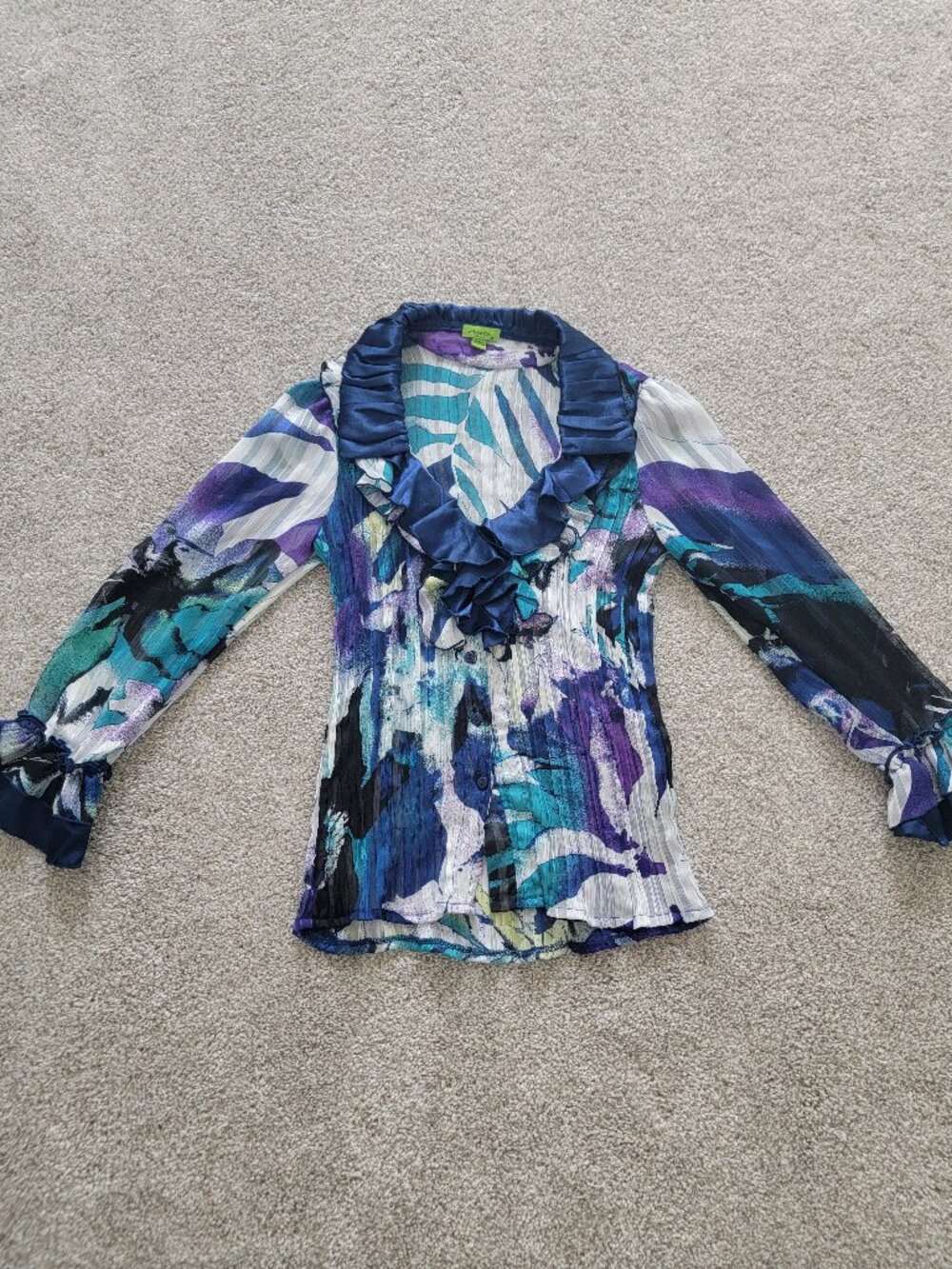 Vintage Y2K Whimsigoth Agora Abstract Watercolor Crinkle Ruffle Blouse